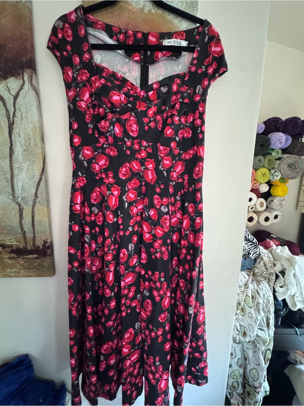 Black Midi Dress with Red Rose Print